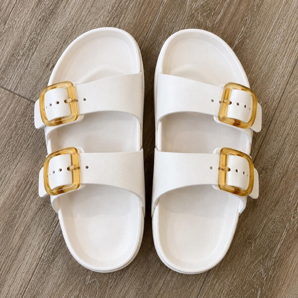 White Double Buckle Slide Sandals with Amber Buckles — Size 7